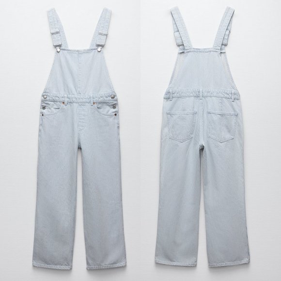 Zara Pin Striped Light Blue Denim Jumpsuit Ankle Straight Leg Overall Pant M - Picture 3 of 9